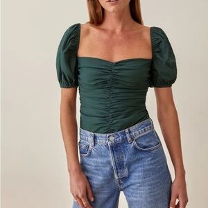 Reformation Radish Top in Forest Green Ruched Puff Sleeve Smocked Back Size 0